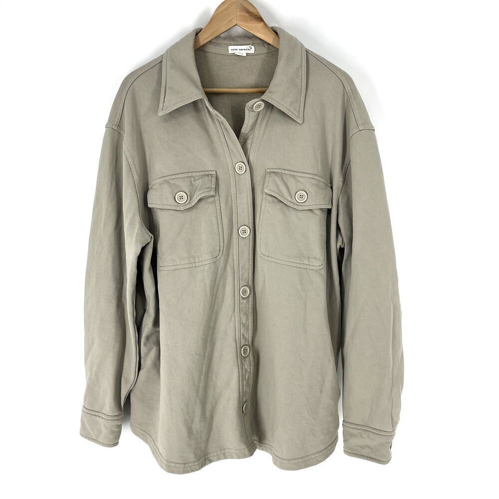 Good American Fleece Shacket Size 3/4 Large XL Shirt Jacket Bone Khaki Button Up